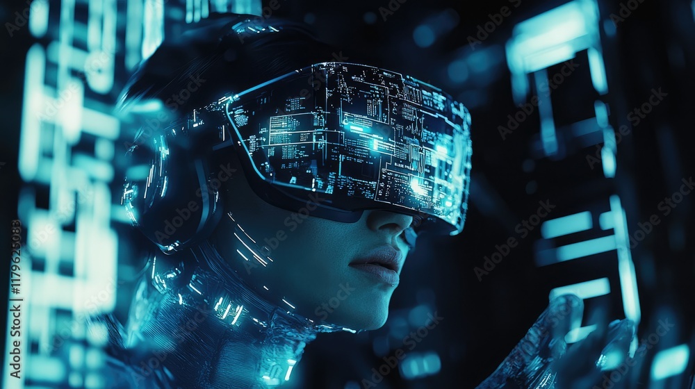 Poster person using futuristic virtual reality headset in immersive digital environment with glowing lights
