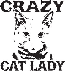 Cat head with glasses and a bandana with a quote: crazy cat lady. Funy kitten illustration. Vector design for lovers of animals.
