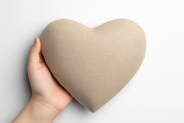 A close-up of a human hand holding a heart-shaped cushion crafted from soft, beige fabric. 