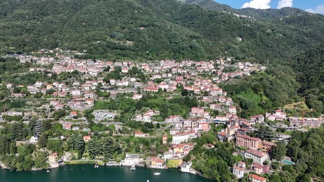 Drone shot of Nesso town on Lake Como, Italy