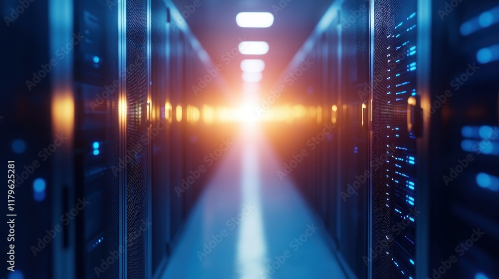 Poster modern hallway with rows of high-tech servers illuminated by soft lighting creating a futuristic and