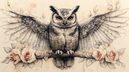Majestic owl with spread wings perched on branch, flanked by roses, detailed pencil sketch.