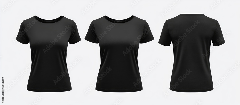 Poster female black t-shirt front back and side view template for mockup design isolated on neutral backgro