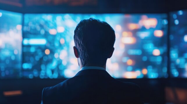 Businessman in formal attire watching vibrant blue digital live stream on multiple screens in a modern high-tech environment with ample copyspace.