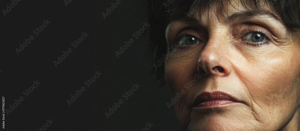 Aufkleber mature woman's face with wrinkles and expressive eyes against a dark backdrop providing ample empty 