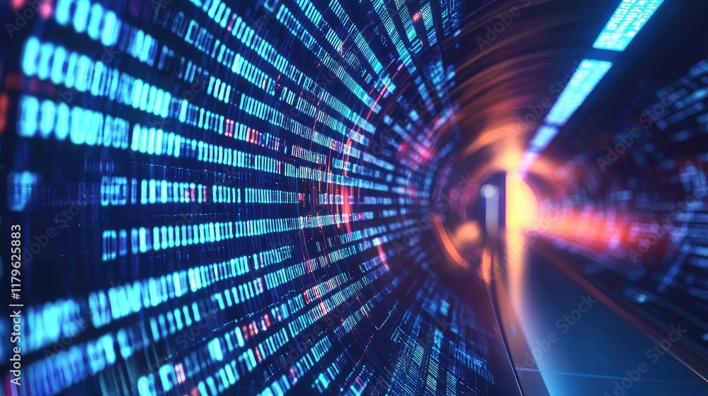 Poster Abstract Digital Tunnel with Glowing Lines and Matrix Code Representing Data Flow in a Futuristic Virtual Space