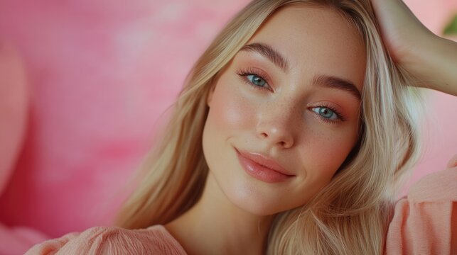 Young female beauty blogger with long blonde hair and soft makeup recording tutorial video on eyebrow tint in pink home studio setting - Powered by Adobe