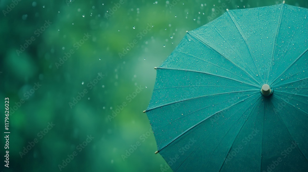 Aufkleber Turquoise umbrella is getting wet in the rain with raindrops on its surface and a blurred green background creating a tranquil and refreshing rainy season scene