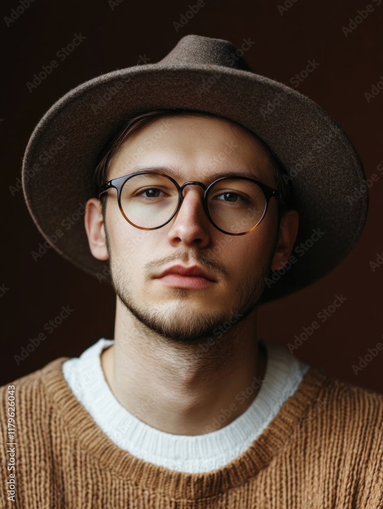 Fototapete stylish young man with glasses and a brown hat posing against a warm brown background offering ample