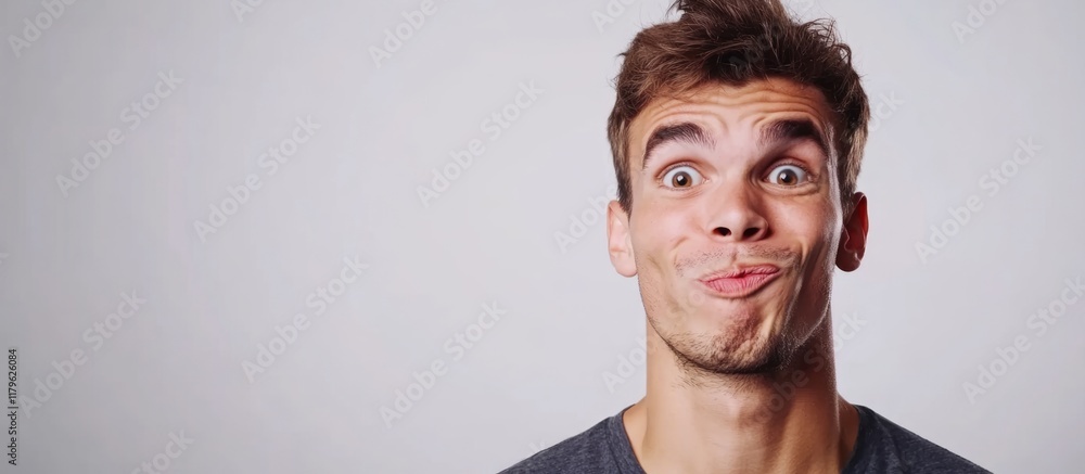 Poster young man gesturing with playful facial expressions on a light gray background showcasing ample empt