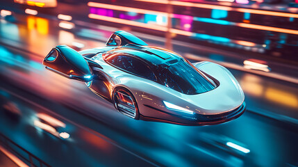Fototapeta premium A futuristic flying car glides through a neon-lit urban landscape at night.