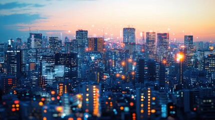 Fototapeta premium Futuristic City Skyline with Neon Lights and Digital Effects at Dusk, Capturing the Essence of Urban Technology and Innovation