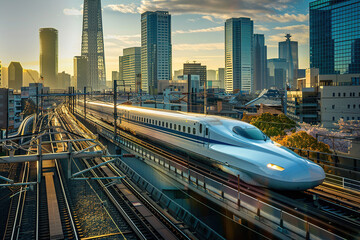 Modern big high-speed train in fast motion passes through railway stations, abstract vivid composition consists of fictional unreal fantastic vision on background