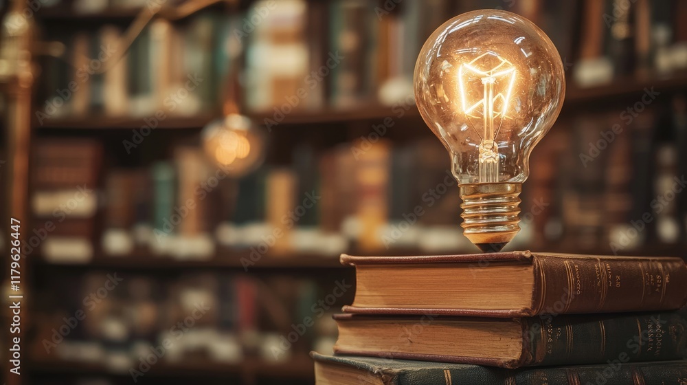 Poster light bulb illuminating ideas on stacked books in cozy library setting with warm tones and soft focu