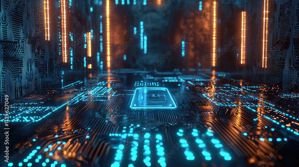 Poster digital fingerprint on a futuristic circuit board background with glowing blue lights and intricate 