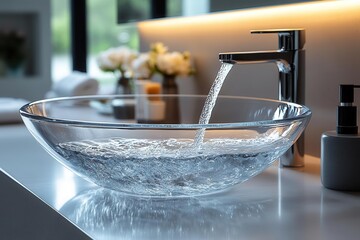 modern minimalist bathroom fixture with premium chrome finish and flowing water captured in high-speed photography for luxury interior design