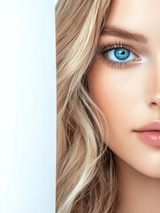 Obraz premium Close-up portrait of a stunning young blonde woman with striking blue eyes, featuring ample blank space on the left for text overlay, beauty, advertising, lifestyle imagery, portrait photography.