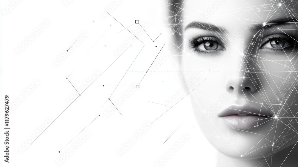 Poster intricate portrait of a woman featuring abstract lines and dots creating a unique artistic expressio