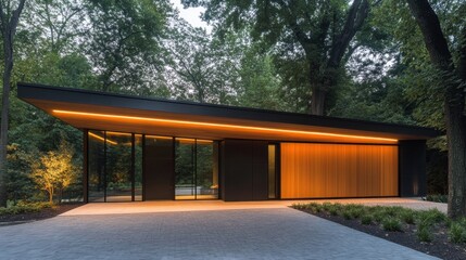 Obraz premium Modern Architectural Design with Warm Lighting in Serene Forest Setting