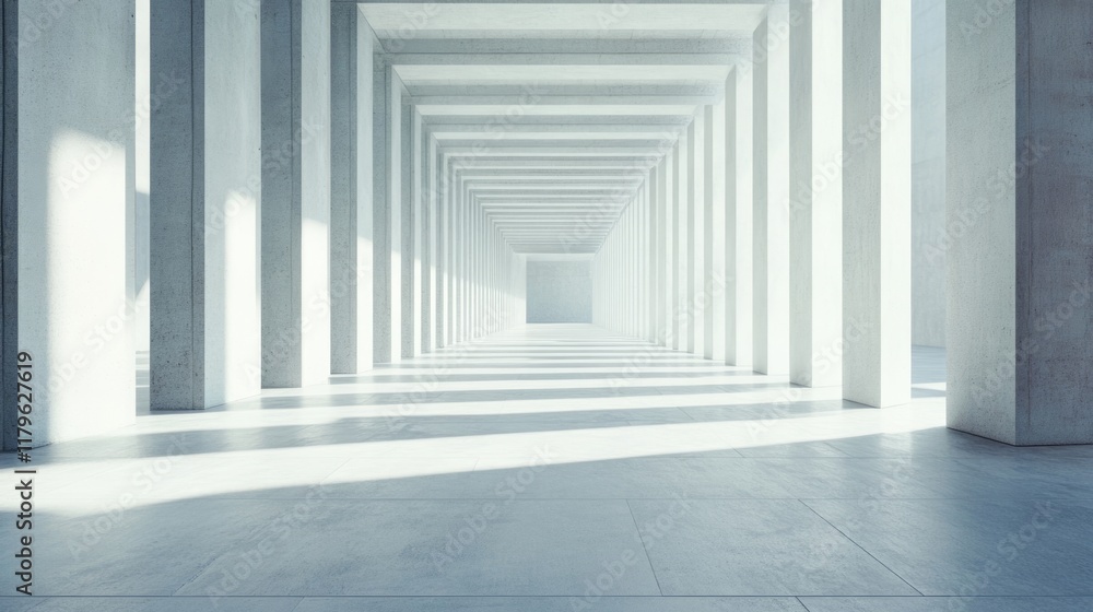 Poster modern minimalist interior with long white columns and expansive empty space, ideal for text or grap