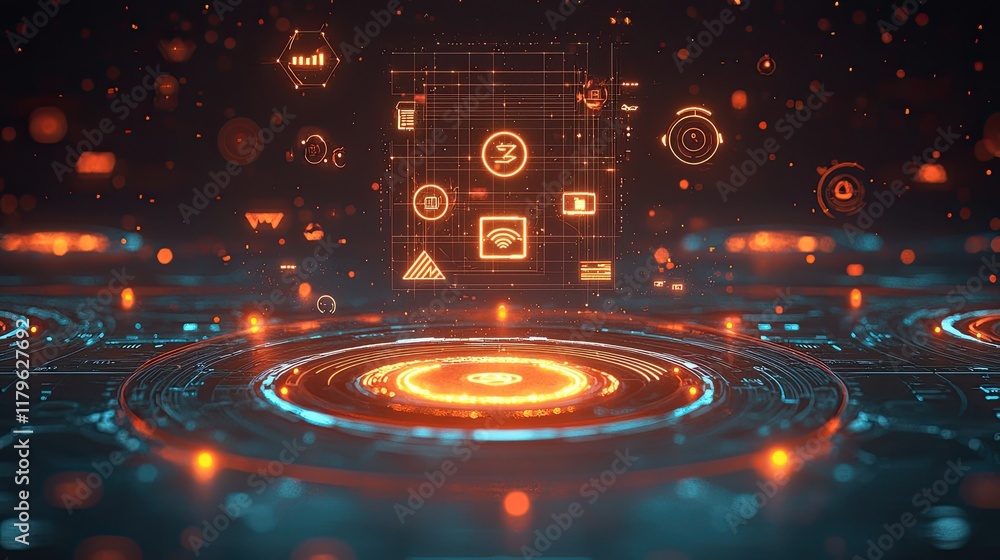 Poster Abstract digital background with glowing icons and lines representing technology, security, data management, and innovation in a futuristic setting.