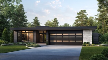 Modern Single-Story Home with Sleek Architecture and Green Surroundings