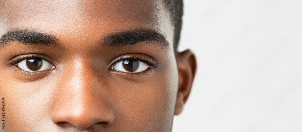 Poster close up of young african american man's calm and thoughtful gaze on neutral background with empty s