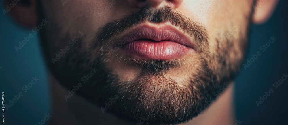 Poster close-up of male lips and beard with a textured blue background featuring ample empty space for cust