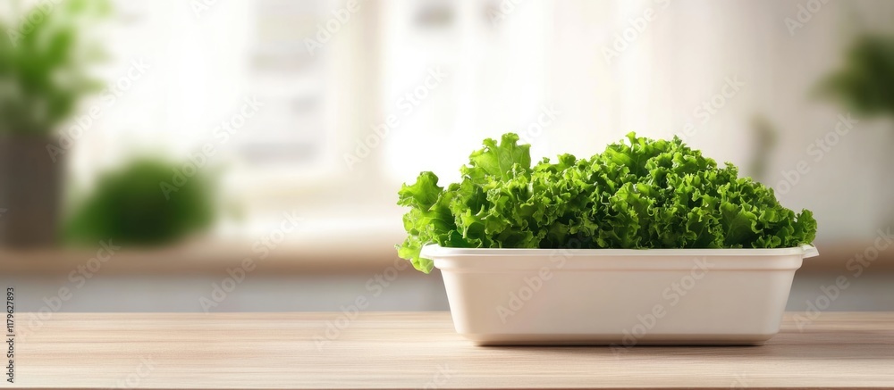 Aufkleber fresh green lettuce in white container on wooden counter with natural light and subtle greenery back