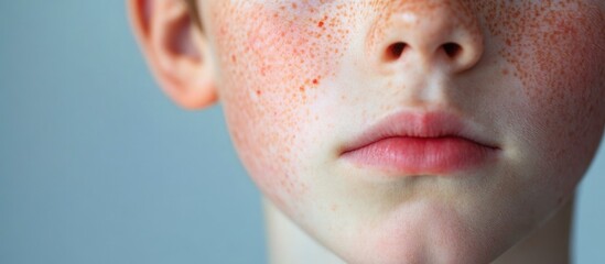Fototapeta premium Close-up of a young boy's face with red spots near the mouth indicating atopic dermatitis allergies; gentle skin tones, soft blue background, ample copy space for text.