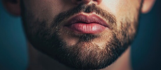 Close-up of male lips and beard with a textured blue background featuring ample empty space for customizable text or overlay.