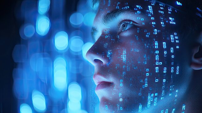 Young man wearing virtual reality headset immersed in digital technology with glowing data streams and futuristic elements, showcasing innovation and creativity - Powered by Adobe