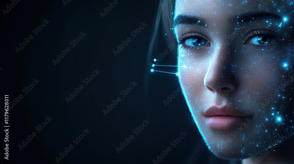 Poster intriguing portrait of a woman surrounded by a complex network symbolizing connection and intelligen