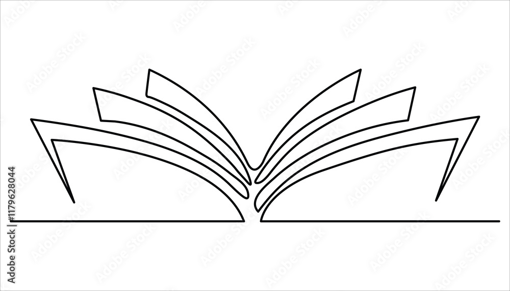 Poster education in school and library studying in simple linear style. open book continuous one line drawi