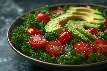 Vibrant Green Kale Salad with Avocado, Tomatoes, and Sesame Seeds: A Healthy and Delicious Meal