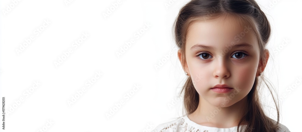 Poster serious young girl portrait with long hair on a clean white background featuring ample empty space f