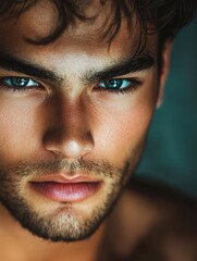 Obraz premium Close-up portrait of handsome young man with strong facial features and captivating blue eyes, dark background highlighting skin tones and textures