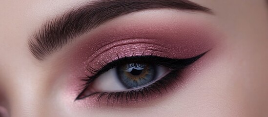 Obraz premium Closeup macro image of a closed female eye with stunning pink smoky eye makeup, featuring flawless skin and defined brows, ideal for beauty and cosmetic themes, makeup, fashion, creativity.