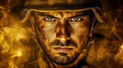 Close-up portrait of a battle-weary soldier, intense gaze amidst smoky fire.