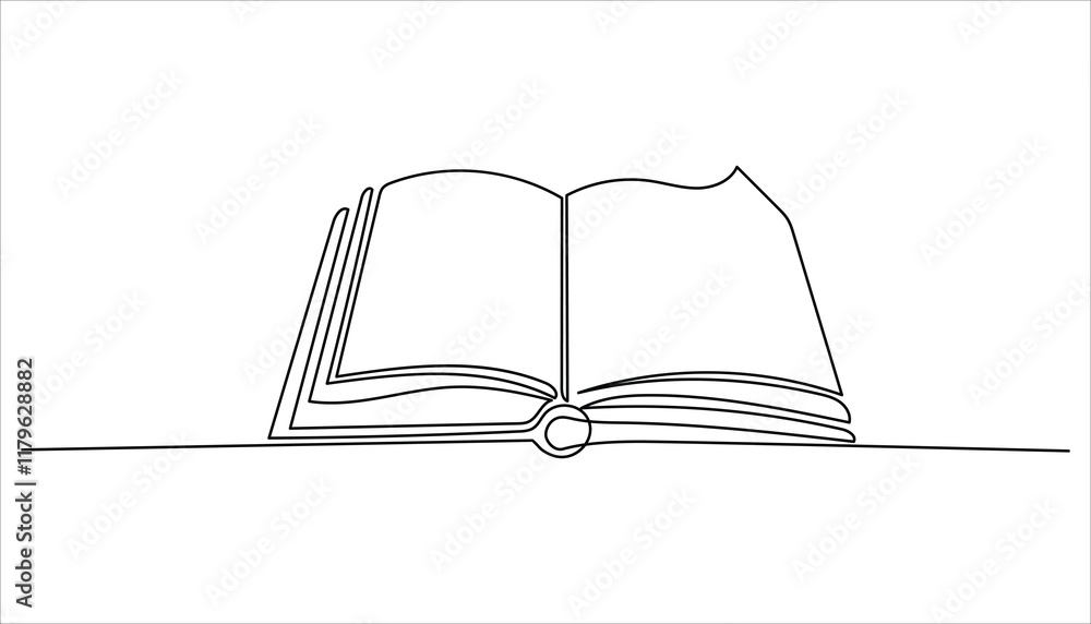 Poster education in school and library studying in simple linear style. open book continuous one line drawi