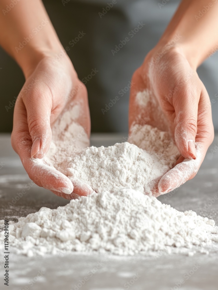 Aufkleber person's hands gently sifting fine white flour on a rustic kitchen table with soft gray background f