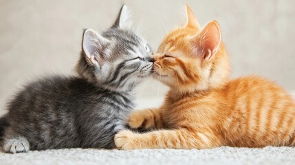 Fototapeta premium Two adorable kittens, one gray and one orange, gently touching noses in a sweet display of affection.