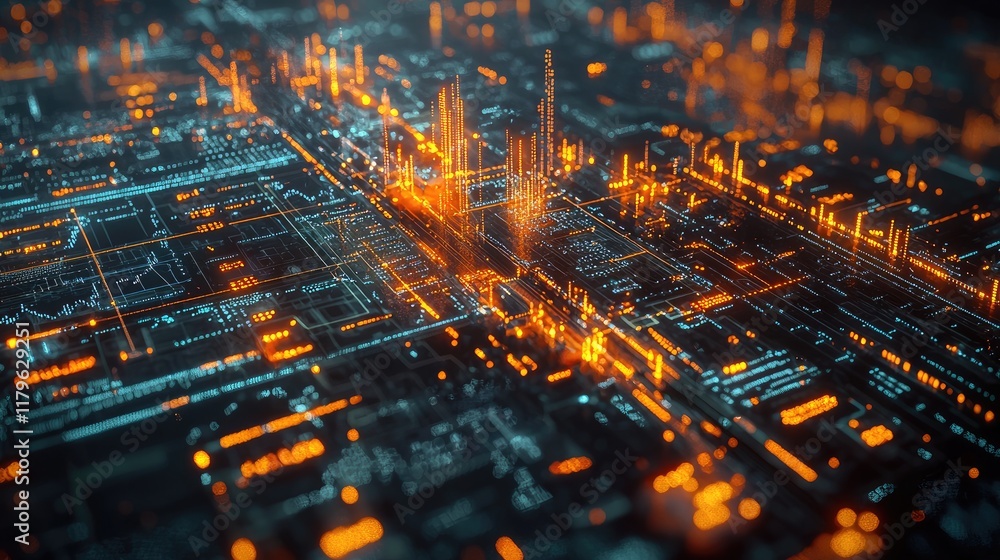 Poster abstract digital financial chart with glowing data lines and stock market trends over cityscape at n