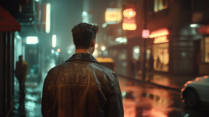 Fototapeta premium A close-up view of a rugged man from behind, broad shoulders wrapped in a worn leather jacket, texture-rich creases and scuffs catching the dim glow of a neon streetlight in a dark