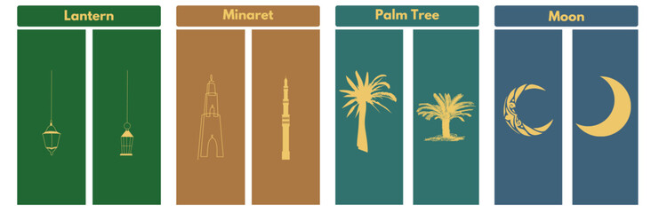 Islamic icons feature a lantern, minaret, palm tree, and star and crescent. Perfect for Ramadan, Eid, and Islamic designs. 