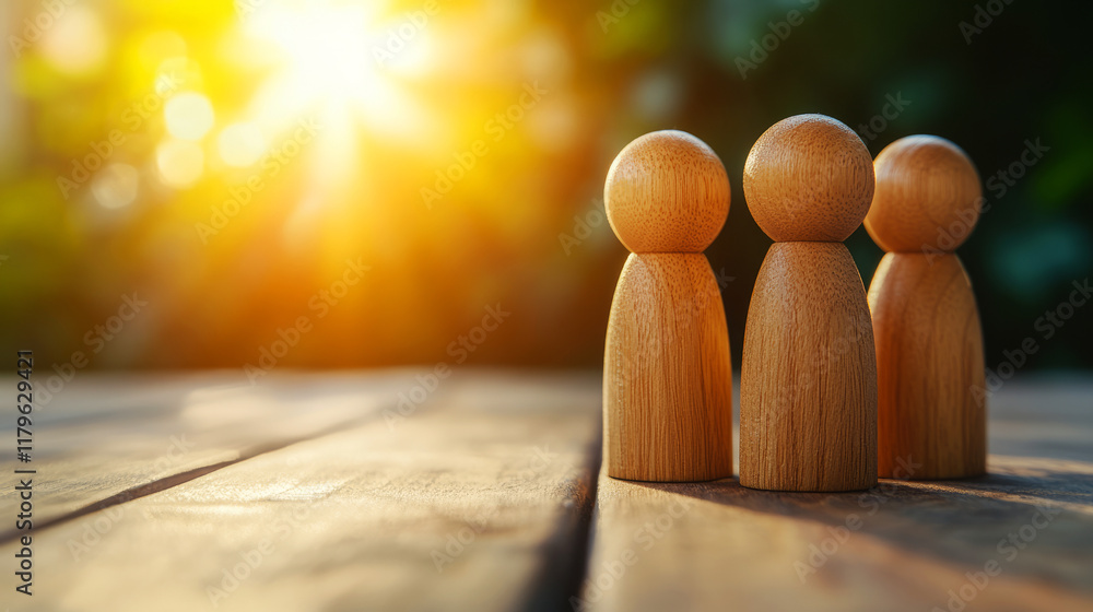 Aufkleber wooden figures standing together on a table with sunlight creating a warm background glow