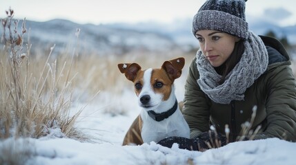 Joyful Jack Russell Terrier and woman enjoying winter playtime in snowy field with frosty grass and mountains in soft daylight, ample empty space for text.