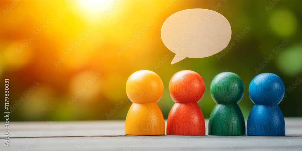 Poster colorful wooden figures with speech bubble representing communication and connection in community