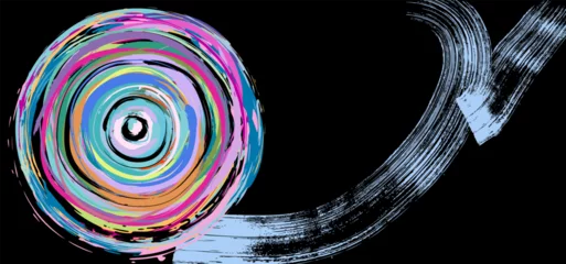 Gordijnen abstract colorful background composition, with circle and stripes, paint strokes and splashes, design template, on black © Kirsten Hinte