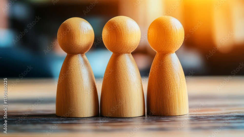 Poster wooden figurines grouped together representing unity and teamwork in a bright setting